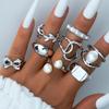 8Pcs/Set Punk Silver Color Bowknot Rings for Women Vintage Imitation Pearl Irregular Leaf Rings Set Jewelry Wholesale