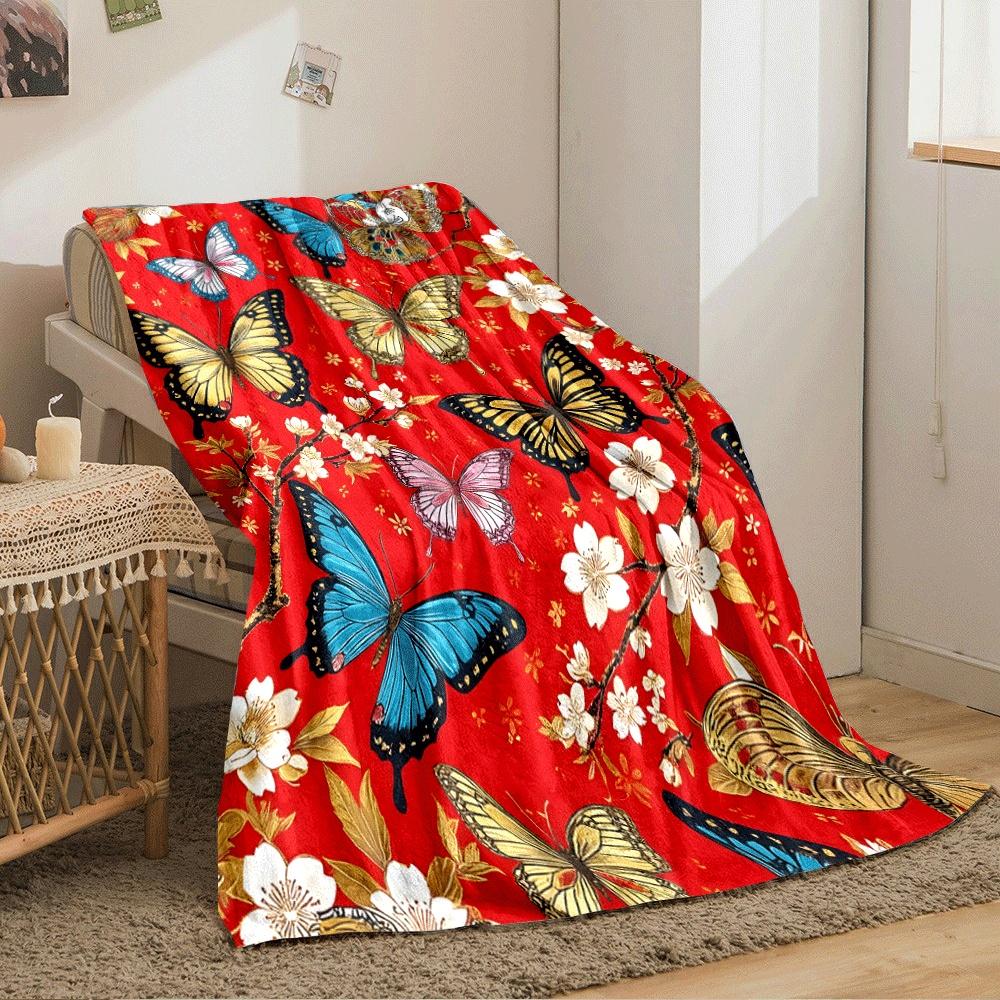 Colorful butterflies and white blossoms on a vibrant red background. for all seasons blanket lunch break throw gift