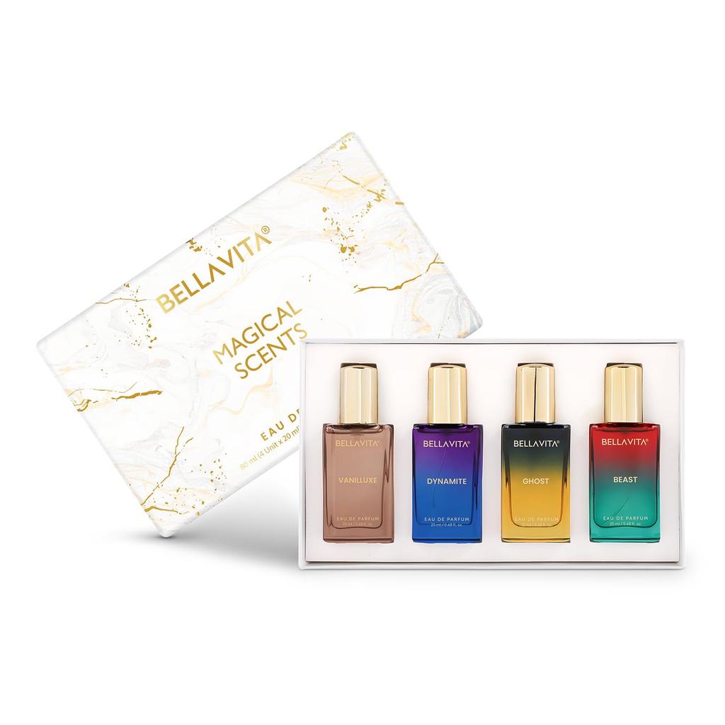 BELLAVITA Magical Scents 4x20мл | Стойкий парфюмерный набор EDP для мужчин и женщин | Ваниль, Карамель и Мускус | Цветочный, Пряный Премиальный Аромат