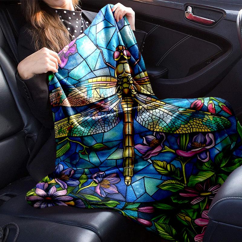 Stained Glass Dragonfly Garden Blanket Flannel Blanket for bed, sofa, Camping, Hiking, Picnic Essentials, gift for family Fan gifts