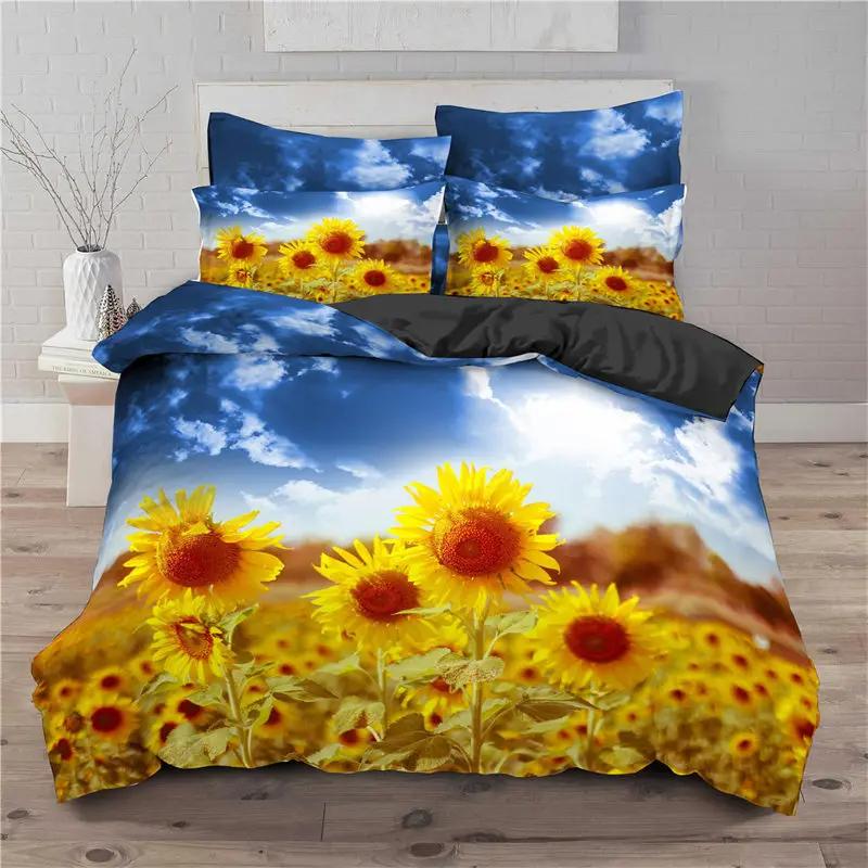 Sunflower Bedding Set Modern Microfiber Yellow Flowers Print Duvet Cover Alluring Sunflowers Summer Inspired Design Quilt Cover