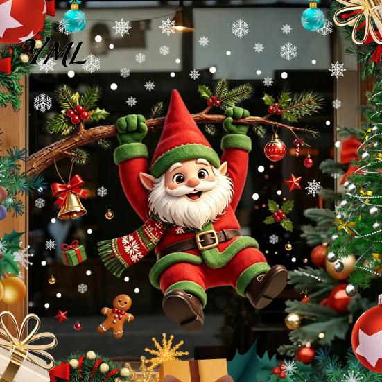 Holiday Party Decor Cute Gnome Christmas Static Window Cling, Removable Decal with Holly Bell Pattern Stickers Gingerbread Snowflake, for Home Living