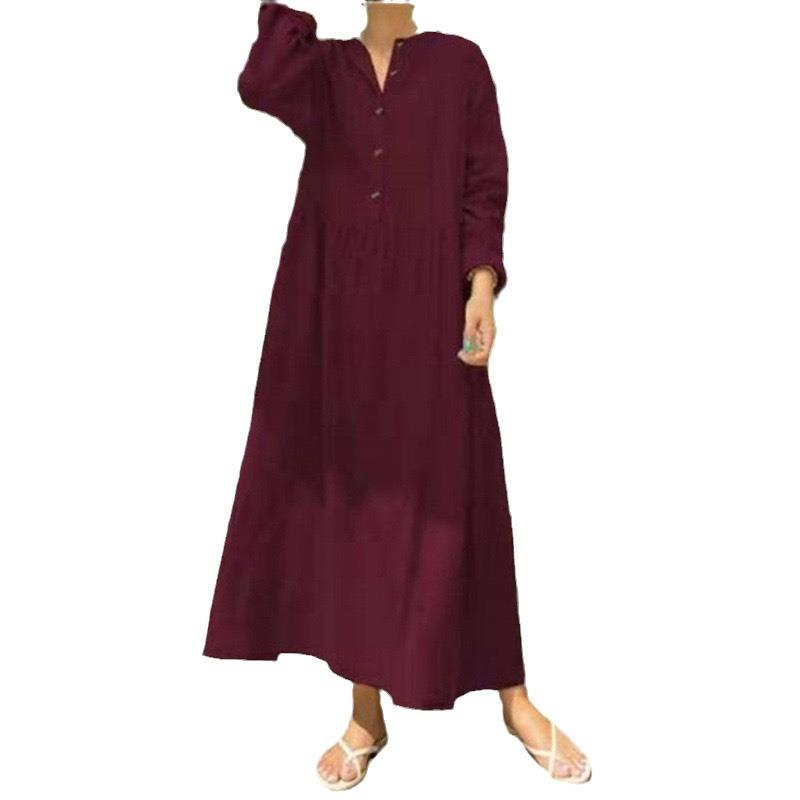 Summer Women Loose Dress Cotton Linen Dress Plian Long Maxi Dress Kaftan