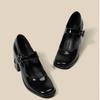 2025 New Mary Jane Shoes Women's Retro British Style Hepburn Black High Heel One-word Buckle Thick Heel Square Head Single Shoes Women