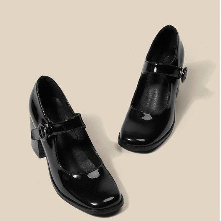2025 New Mary Jane Shoes Women's Retro British Style Hepburn Black High Heel One-word Buckle Thick Heel Square Head Single Shoes Women