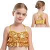 Girls Glittery Sequins Crop Top Tiered Ruffles Cross Back Metallic Camisole for Jazz Dance Performance