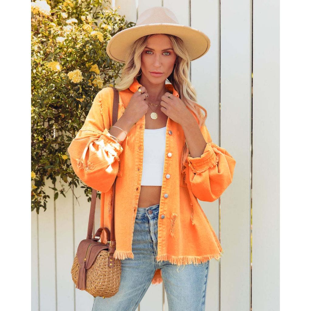 Lapel Long Sleeve Vintage Street Ripped Raw Edge Denim Jacket Women's