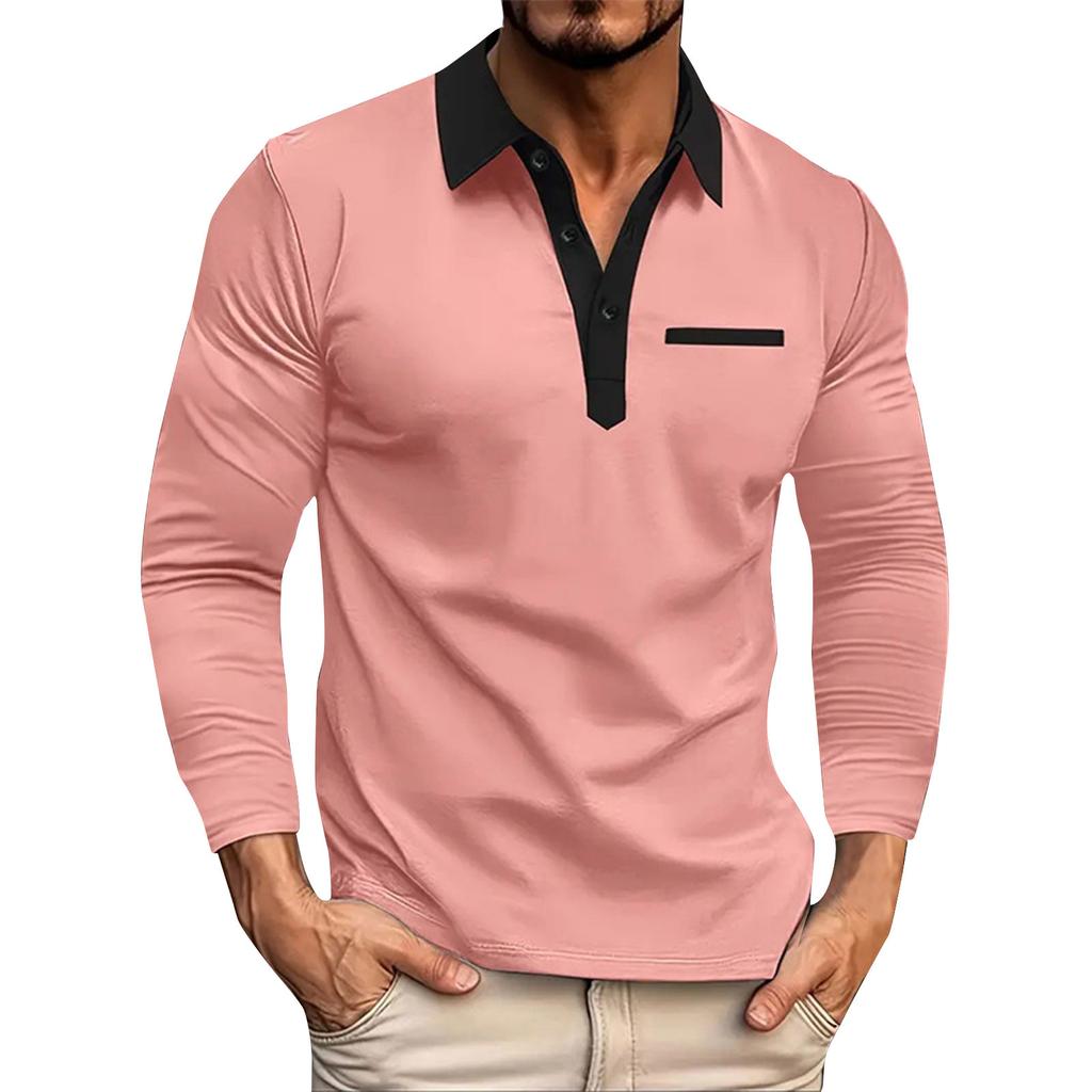 Men'S Collar Splicing Long Sleeved Fashionable Fake Pocket Top T-Shirt