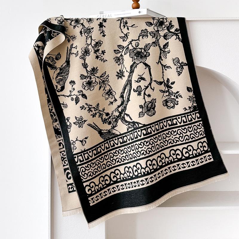Картина с изображением цветов и птиц, старинная художественная концепция, двухсторонний шарф, зимний высококачественный теплый платок