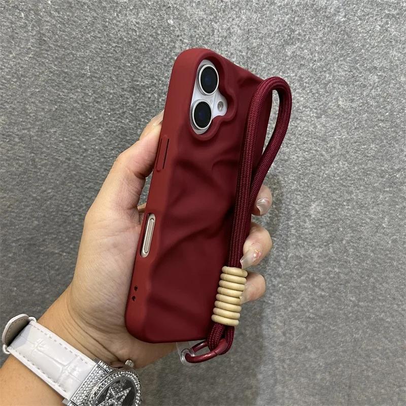 Роскошный матовый чехол-браслет с эффектом мятой бумаги для iPhone 17 Pro 16 15 14 Pro Max 13 12 11, ремешок-шнурок, конфетный, однотонный, волнистый, силиконовый чехол