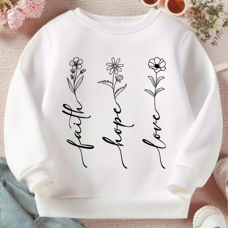 Kids Crewneck Long Sleeve Sweatshirt, Floral Calligraphy Graphic Print, Cozy Fall Winter Pullover