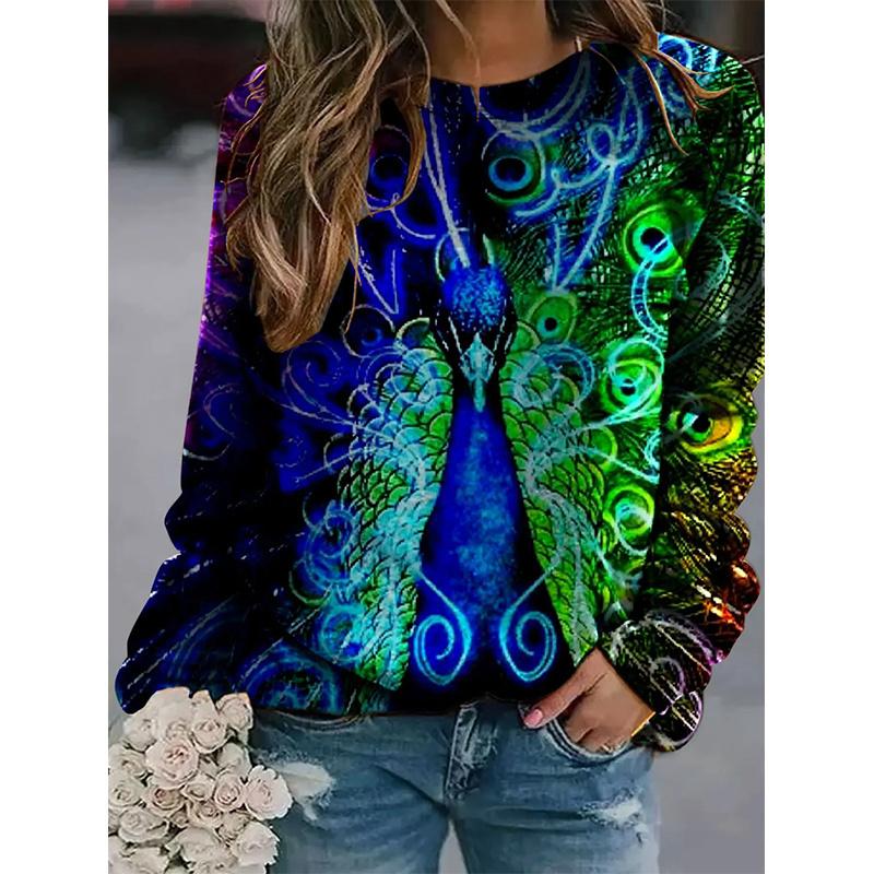 Spring And Autumn 3D Peacocks Printed Long Sleeve T Shirt Women Florals Pullover Harajuku Clothing Fashion Women Tops Sweatshirt