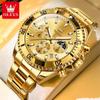 Mens Watches Luxury Gold Color Waterproof Stainless Steel Chronograph Quartz Wristwatches Moon Phase Date Rota Dial