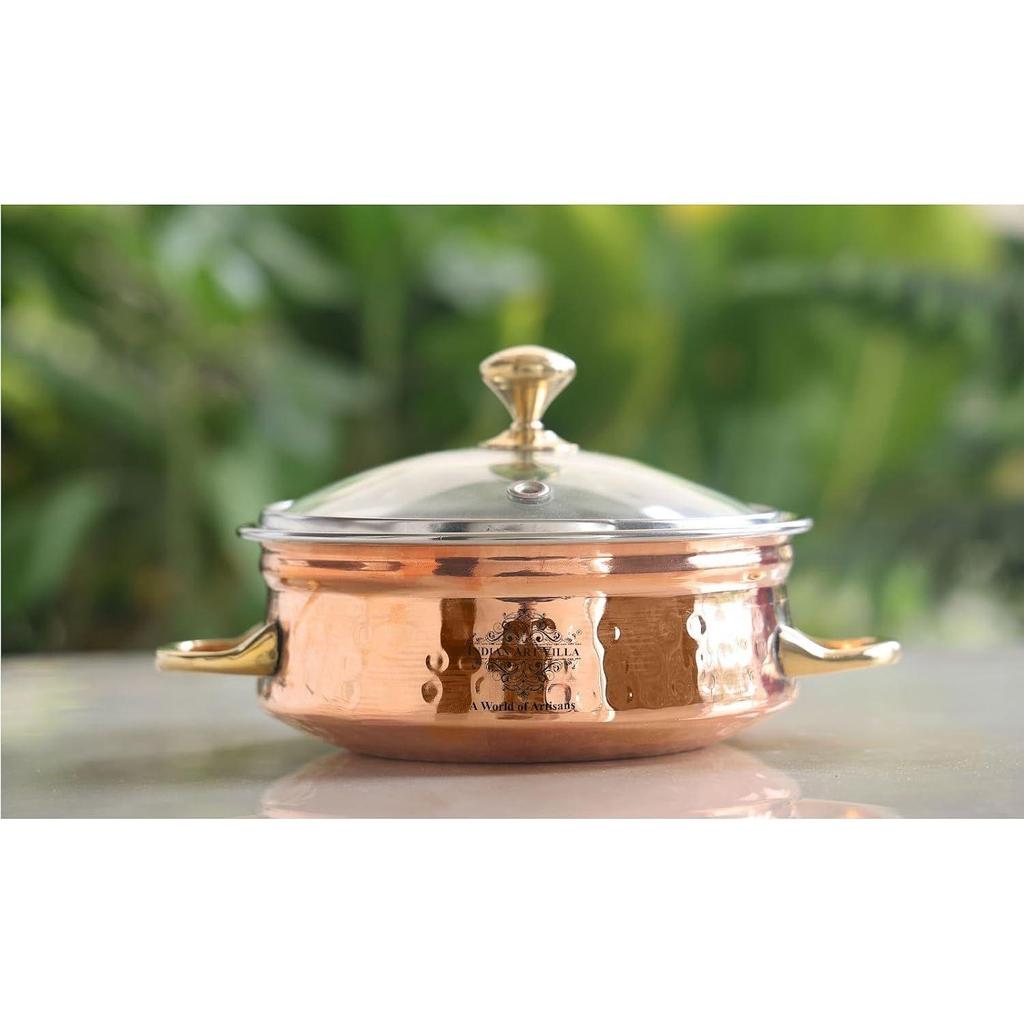Steel Copper Handi with Brass Handle & Glass Lid No. 3, Serveware Casserole with Handle (Volume - 700 Ml)