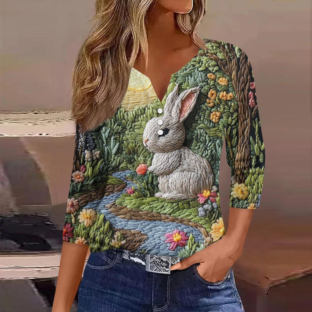 Жен. Футболка Футболка С принтом Пуговицы Рукав 3/4 Повседневные Выходные Мода Классический V-образный вырез Обычный Топ