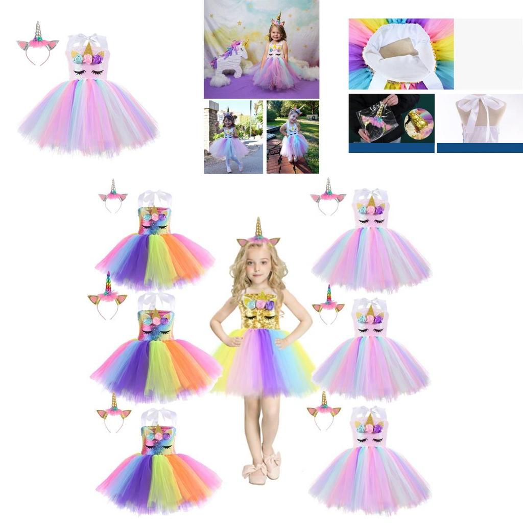 Unicorn Cosplay Girls Dress With Rainbow Pattern For Halloween Party