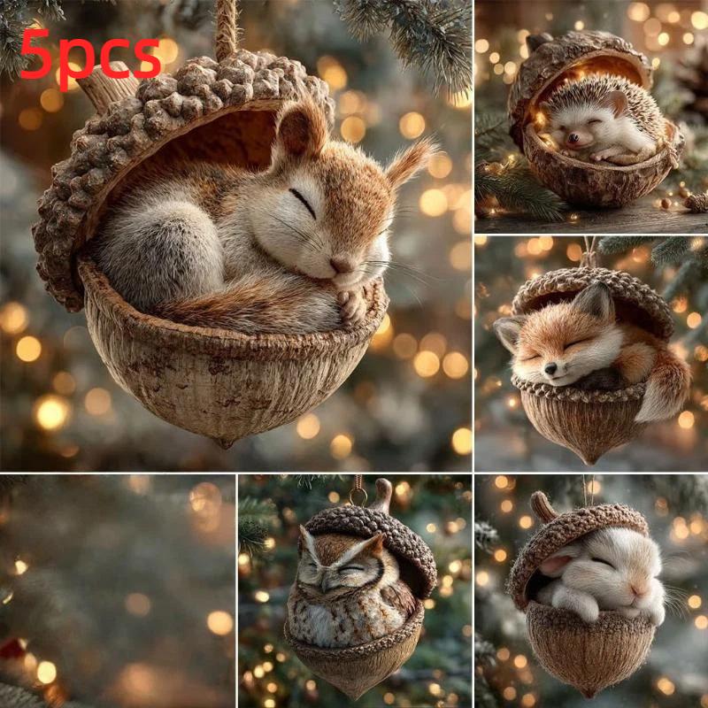 1/5/6 шт. Плоские ornaments лесных животных с желудями Уютный лесной лесной рождественский ornaments для рождественской елки Шишка животное 7