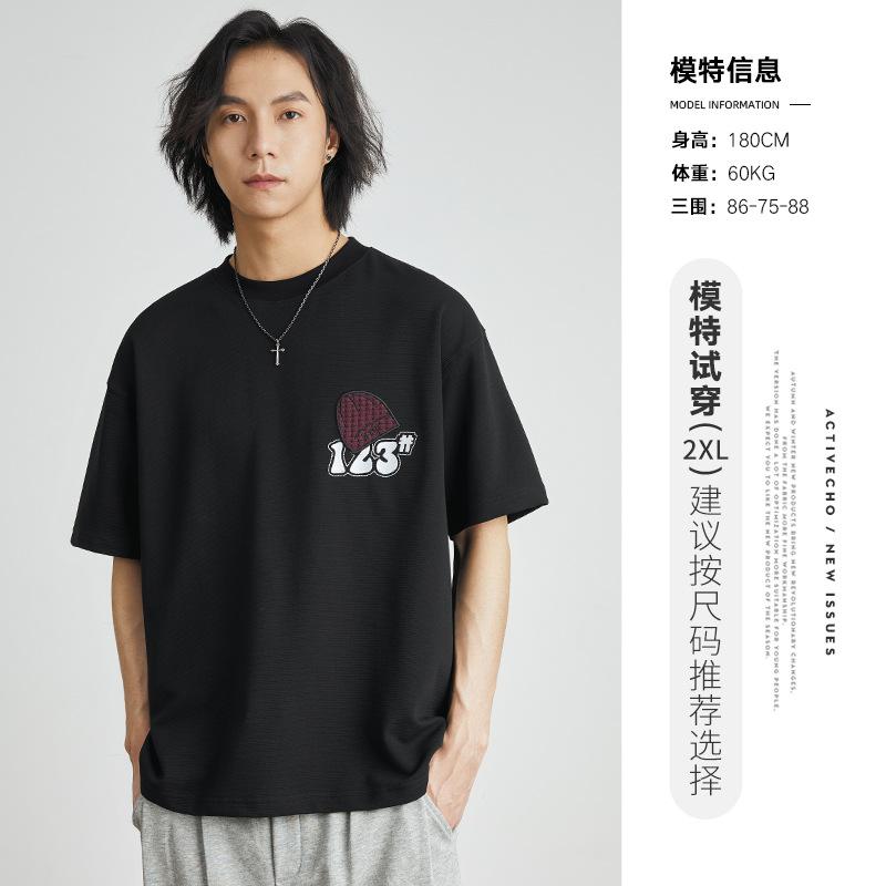 Мужская футболка с вышитым принтом из мультфильмов, модная брендовая модная футболка с короткими рукавами, летняя свободная тяжелая мужская и женская футболка с половиной рукавов в одном стиле