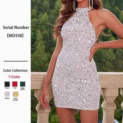 Сексуальное короткое мини-платье bodycon с пайетками, с открытой спиной и завязкой на шее для вечеринки, ночного клуба