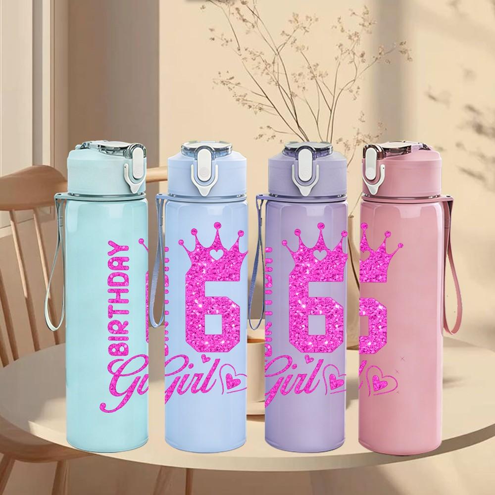 1PC 6 Birthday Girl Party Text Print 750ml Color Plastic Sports Water Bottle Leakproof Flip Straw Lid Suitable for Sports Office Home Use