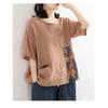 Plus Size Irregular Patchwork Print Retro Print Loose Cotton Linen Short Sleeve T-Shirt Women's Crew Neck Top Summer Tee
