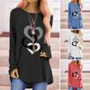 Женская весенне-осенняя футболка с узором в виде сердца, декор со стразами, длинный рукав, свободный средней длины, круглый вырез, мягкий дышащий пуловер, женский топ