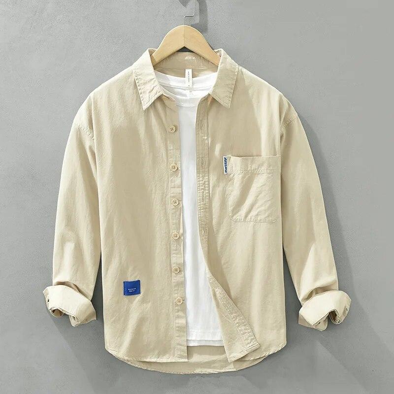 100% хлопок, мягкие и удобные мужские рубашки, весенние повседневные рубашки, свободные однотонные рубашки с отложным воротником и длинными рукавами, молодежный простой стиль