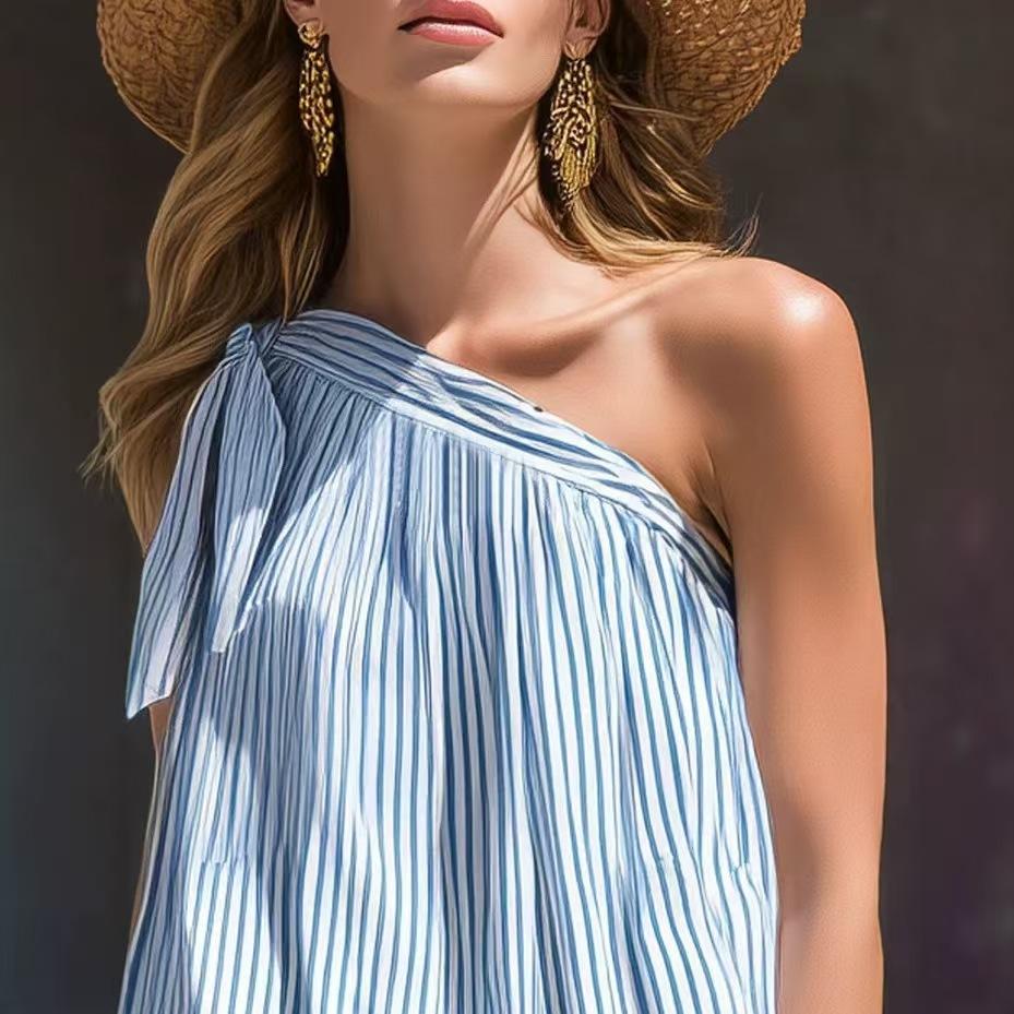 2026 cross-border new European and American style striped off-the-shoulder sleeveless top summer vacation loose fashion trend women's clothing