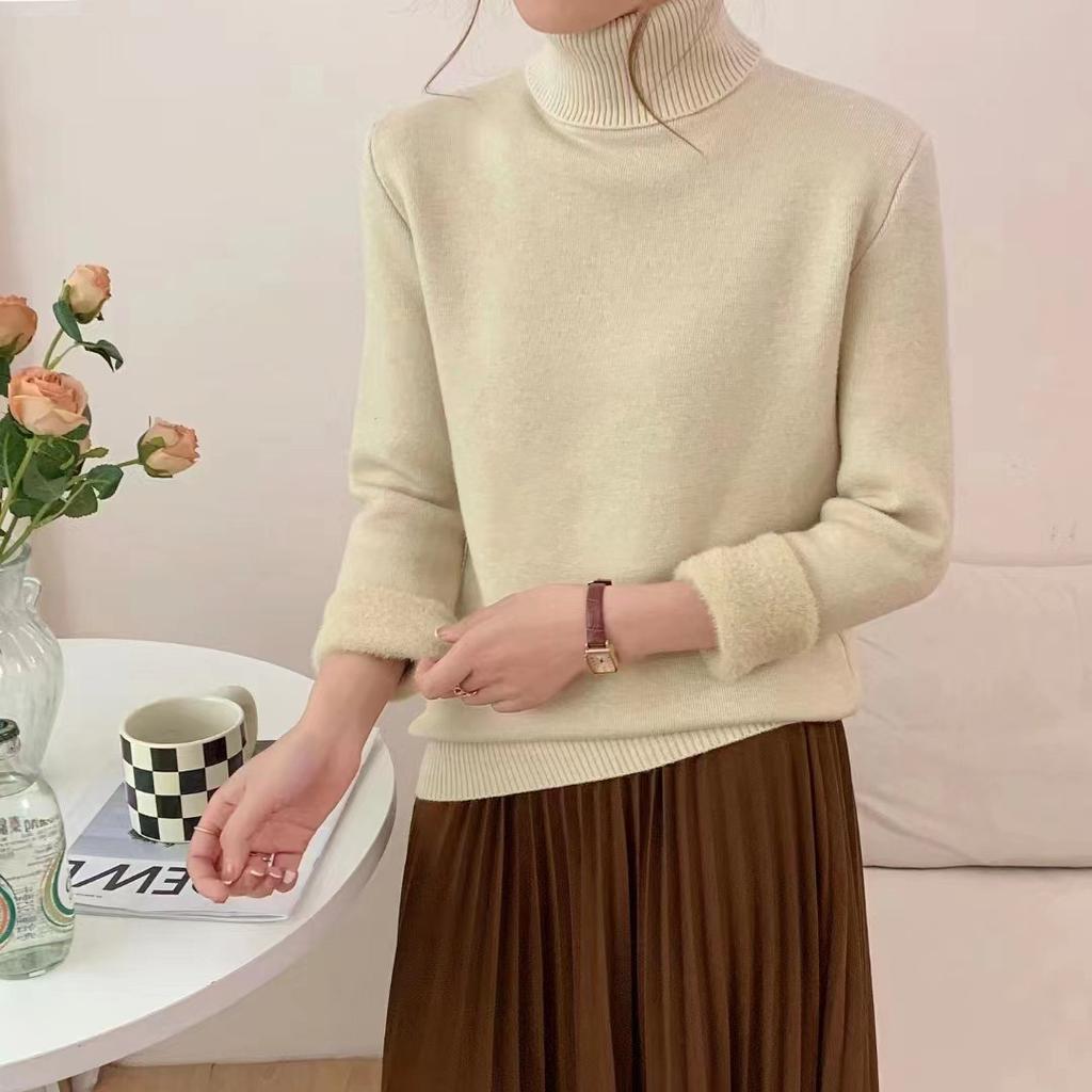 Женский свитер с высоким воротом, утолщенный внутренний слой, цельный бархатный пуловер с добавлением бархата, повседневный вязаный свитер сверху на осень и зиму