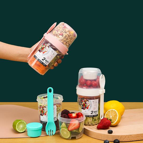 Коробка для салата, прозрачная портативная разделенная на два отделения чашка для завтрака, овсянка, хлопья, орехи, йогурт, контейнер с вилкой, школьный ланч-бокс для хранения продуктов