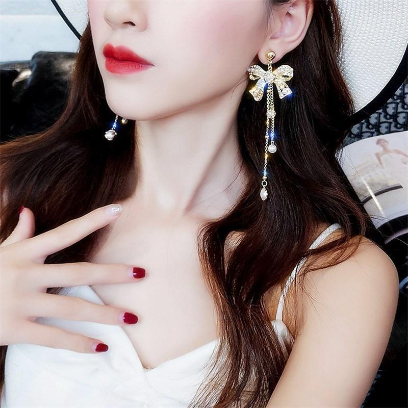 925 серебряные иглы со стразами бант кисточки серьги нишевые серьги высокого чувства мода преувеличенные жемчужные серьги