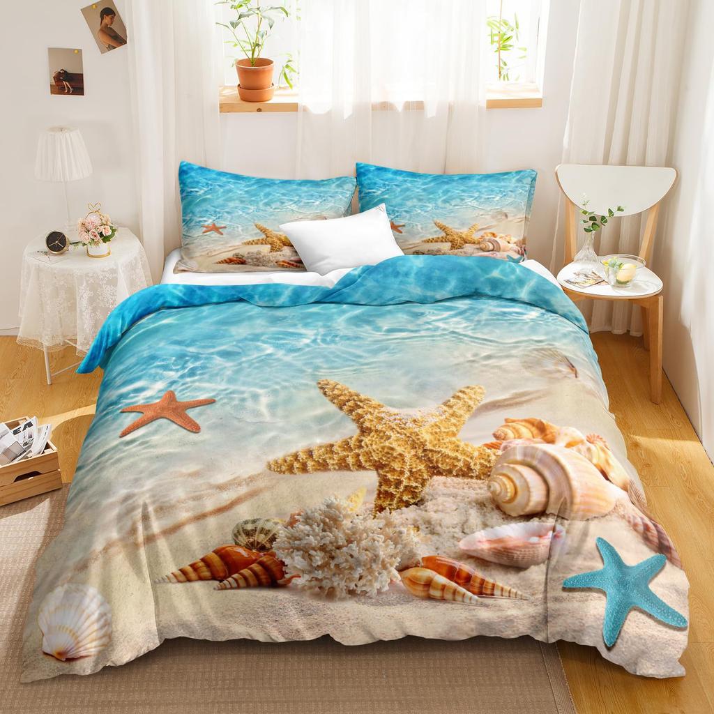 Starfish Conch Ocean Three-piece Quilt Cover 3D Digital Printing Bedding Set Bed Cover