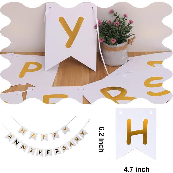White Happy Anniversary Banner, Party Supplies for Wedding Birthday Party Ceremony Decoration