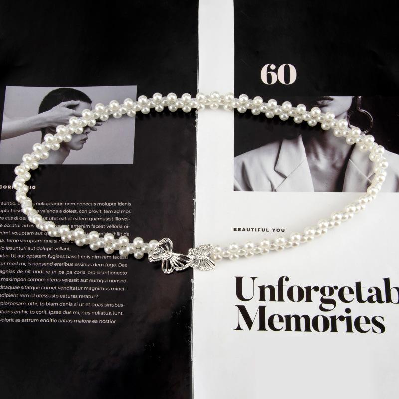 Жемчужная цепочка на талию Женская эластичная эластичная цепочка для талии с двойной пряжкой-бабочкой, декоративная цепочка для тела для платья, женский стиль