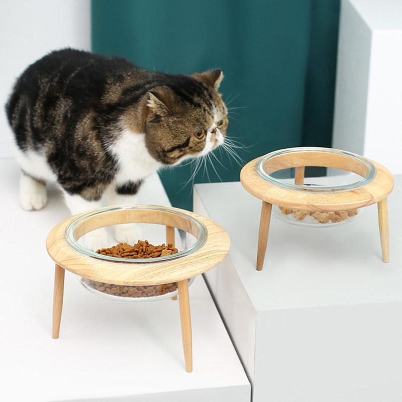 1Set Pet Glass Bowl High Base Feeding Bowl Khaki Elevated Cat Dog Feeder Neck Protection Water Food Dish Pet Feeding Supplies
