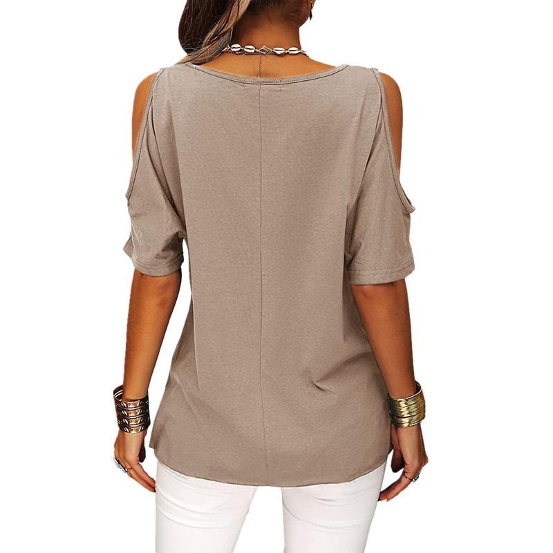Women Casual Solid Cold Shoulder Loose Short Sleeve T Shirt