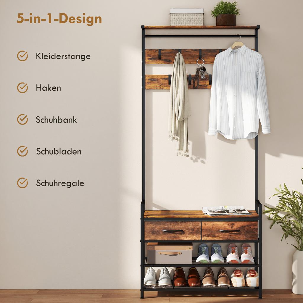 Industrial Coat Rack with Hooks and Shoe Bench, Steel Frame, Rustic Brown