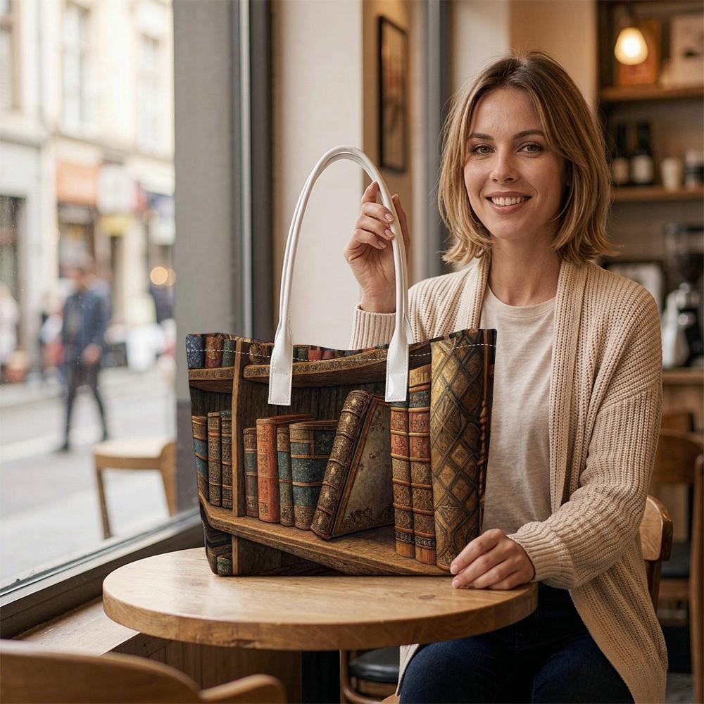 Vintage Book Print Tote Bag Casual All-match Shopping Handbag for Daily Use