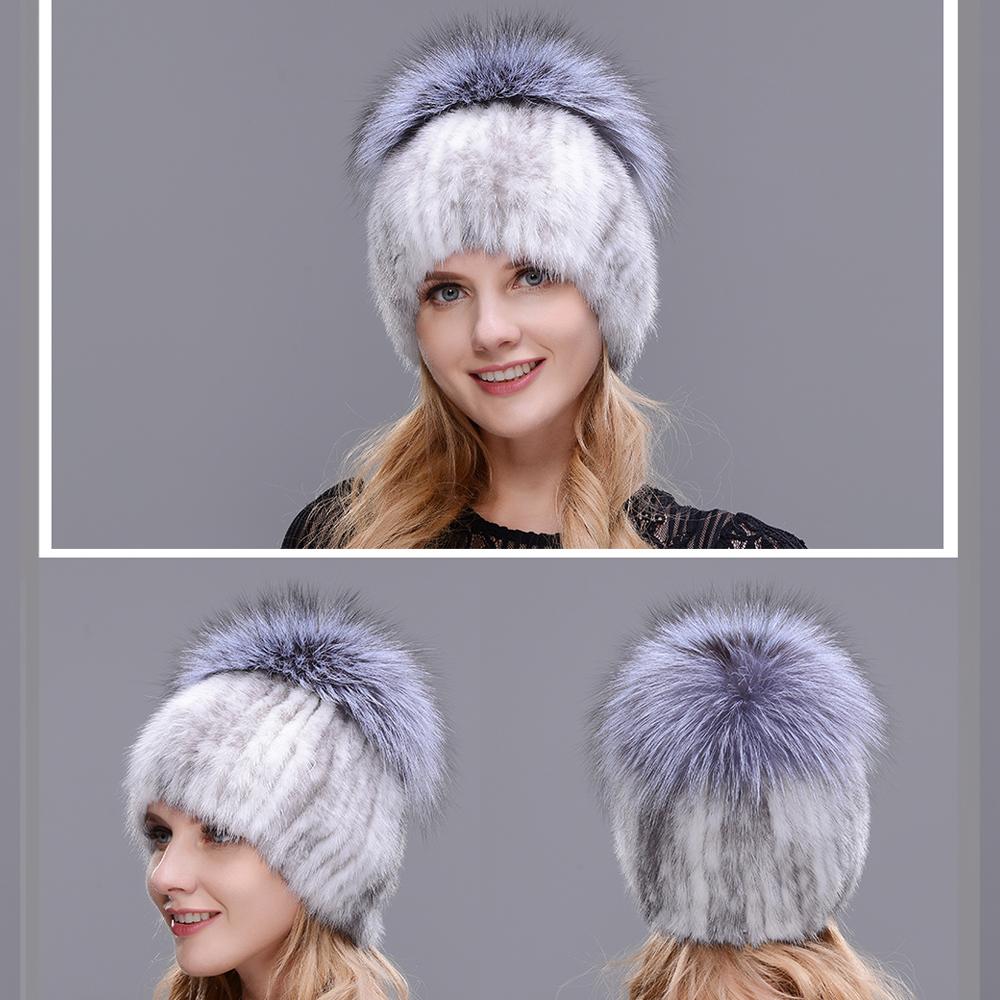 JERYAFUR Вязаная женская шапка с мехом норки пэчворк