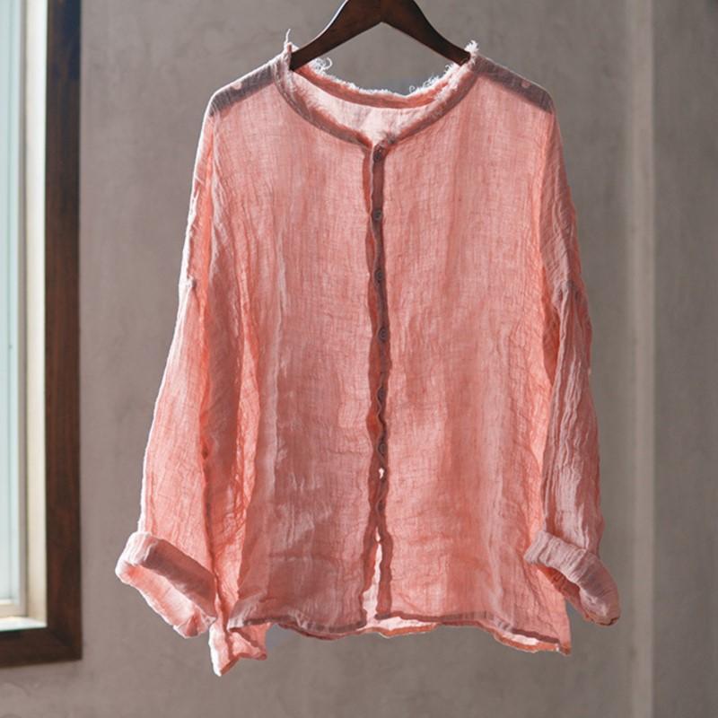 Johnature Винтажные женские рубашки с круглым вырезом и длинным рукавом на пуговицах, осенние свободные однотонные повседневные женские рубашки