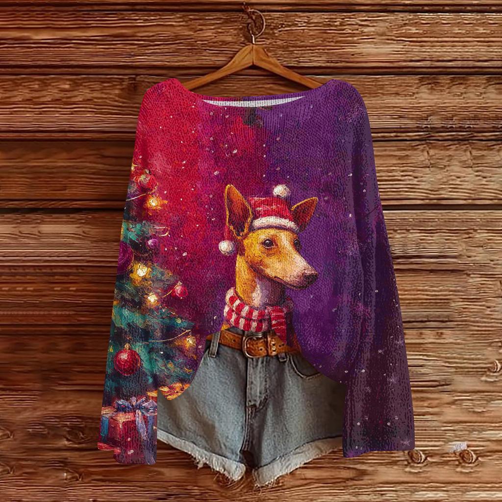 Женский повседневный модный топ с круглым вырезом, рождественским принтом, длинным рукавом, вязаный пуловер