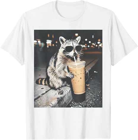 Raccoon Drinking Iced Coffee Funny Animal Meme Unisex Women TShirt Y2k Cute Raccoon Lover Graphic Apparel Novelty Saying Tee Tops