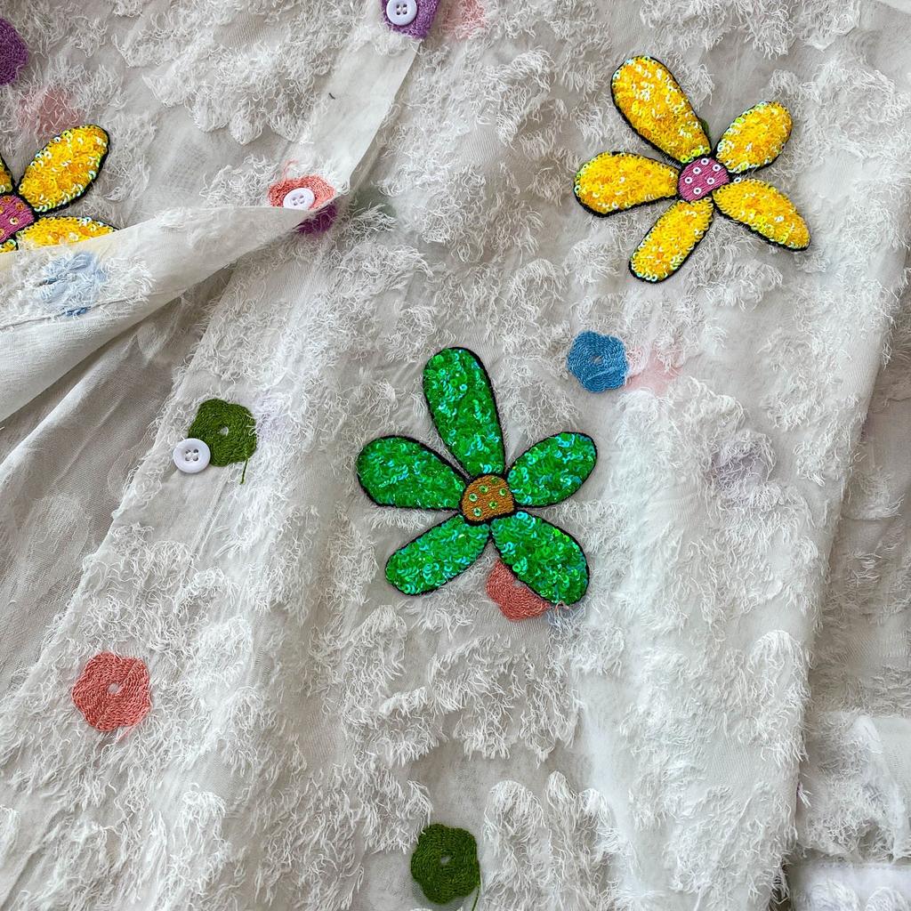 Премиальная рубашка с лацканами и рукавами-фонариками, украшенная бриллиантовыми пайетками в виде цветов, женская летняя милая, омолаживающая, свободная, с бахромой