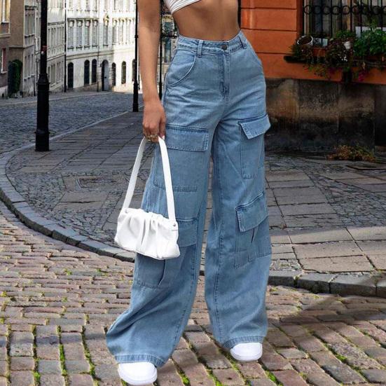Женские джинсы с высокой посадкой, на пуговицах и молнии, прямые, широкие штанины, деним