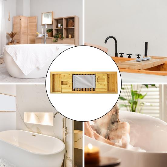 Бамбуковый поднос для ванны с держателем для бокала для вина, нескользящая ручка, регулируемая полка для ванны, многофункциональная подставка для книг, ванная комната