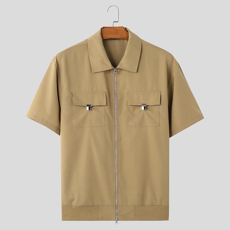 INCERUN Мужские повседневные рубашки-карго с воротником-лацканами и коротким рукавом на молнии