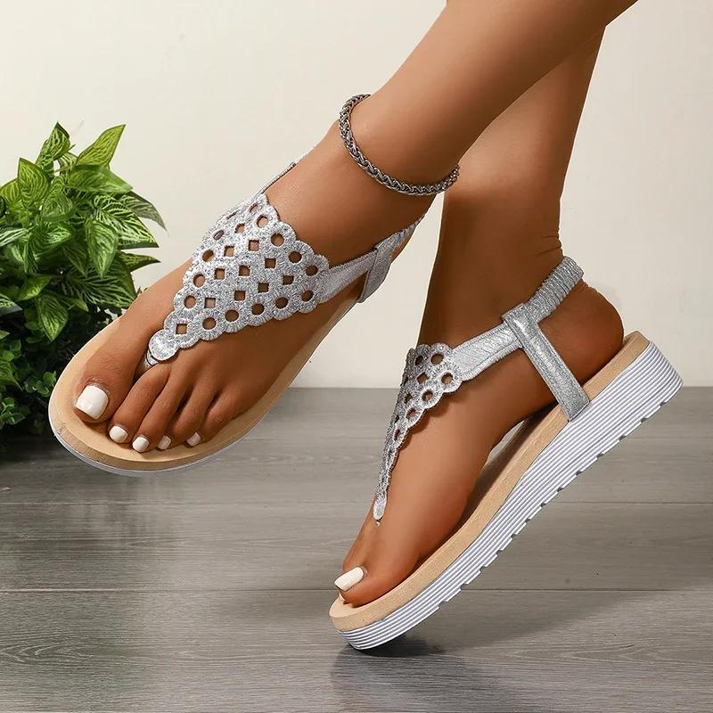 Fashion 2025 Summer Fashion Women's Clip Toe Platform Sandals Silver Cut Out Wedge Heels Sandalias Mujer Beach Casual Thick Flip Flops