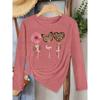 Leopard print, butterfly and floral print, long-sleeved, vintage round neck T Fresh and natural style loose-fitting shirt2026Elegant spring and