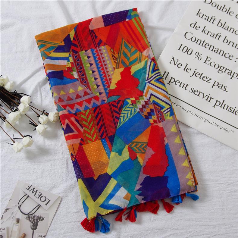 Colorful Geometric Cotton-Linen Scarf: Retro Ethnic Style Beach Shawl