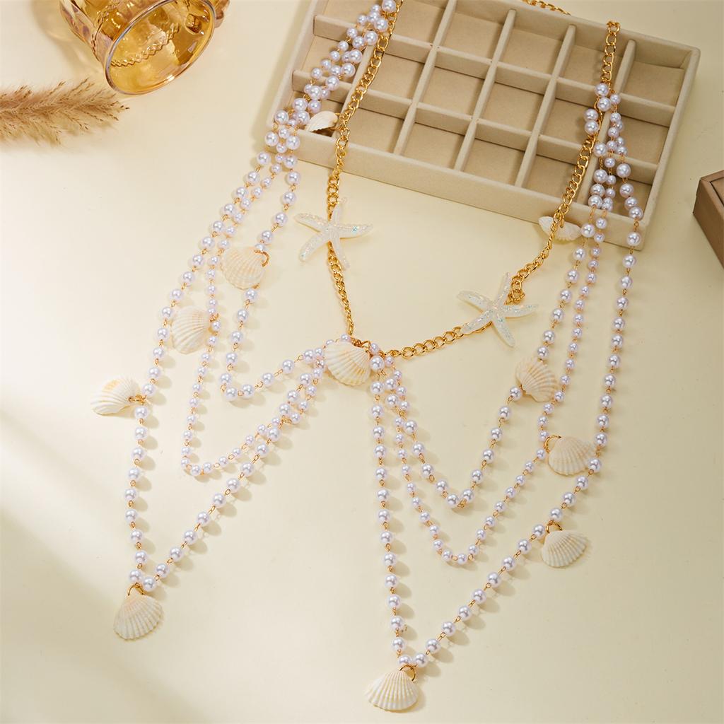Summer Starfish Shell Layered Waist Chain for Women Gold Tone Adjustable Multi Strand Beach Body Chain Bohemian Jewelry
